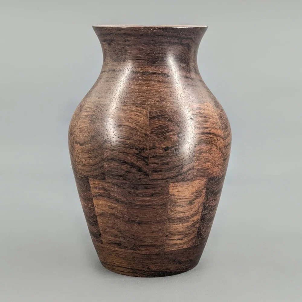 David Ross 1977 Vintage Hand Turned Segmented Wood Vase Studio Art 7 inch